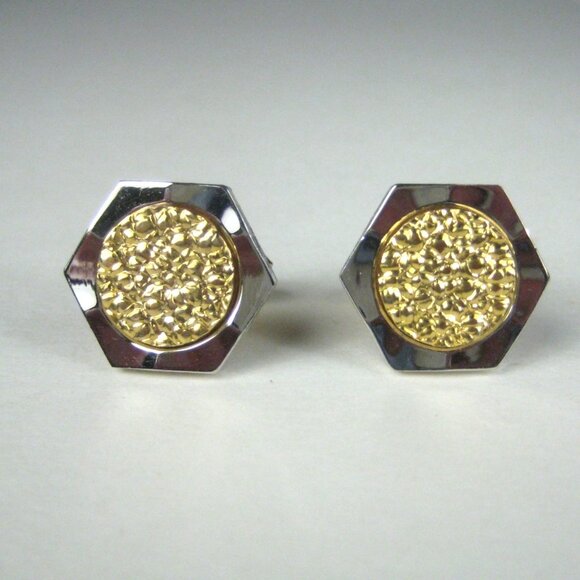 Vintage Hexagonal Gold Tone Silver Tone Cufflinks Bullet Nugget Texture - Picture 1 of 5